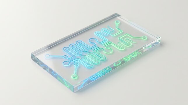 Transparent microfluidic chip with glowing channels on white surface