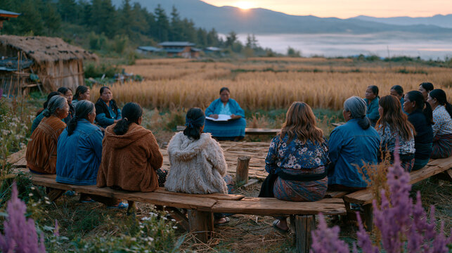 Village microfinance solidarity group meeting outdoors on wooden benches at dawn, women reviewing rotating savings contribution records, mist over rice paddies in background, community lending circl