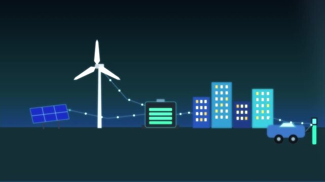 Smart renewable energy grid powering city buildings and electric car with wind turbine and solar panels, clean power generation