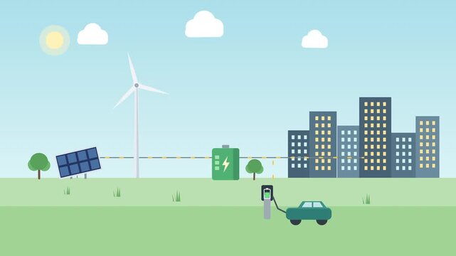 Smart renewable energy network system powering city buildings and electric car charging, sustainable future