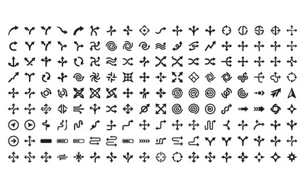 Fototapeta premium Collection of black pixel featuring various directional arrows, crosshairs, geometric shapes, and navigation symbols arranged in a grid pattern on a white background