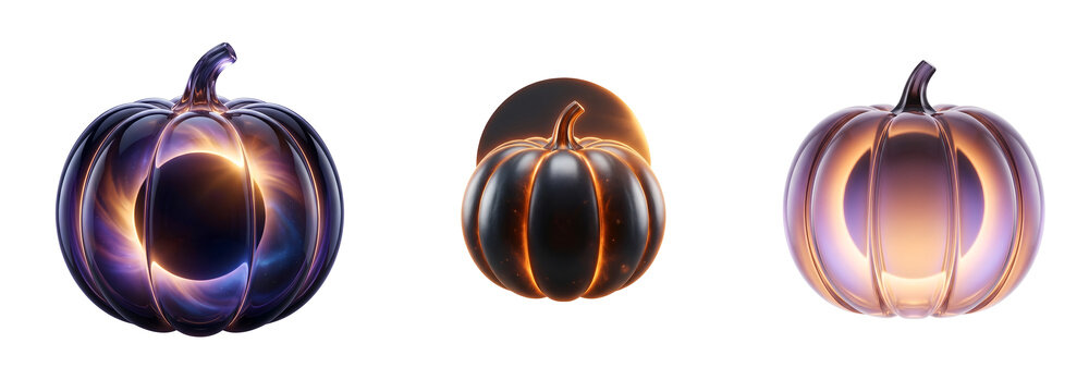 Three metallic pumpkins with glowing lights on transparent background