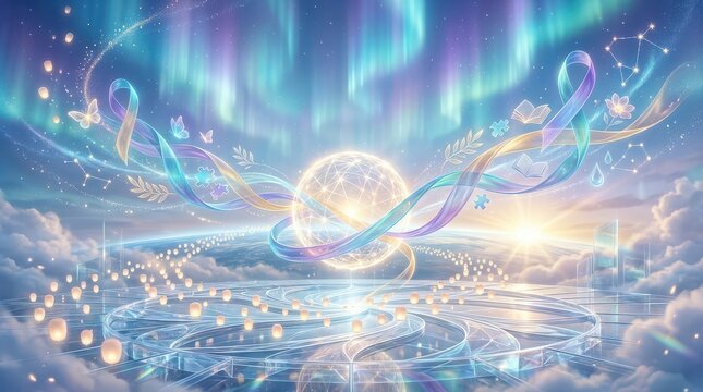 Ethereal Aurora Sky with Global Connection and Floating Lanterns