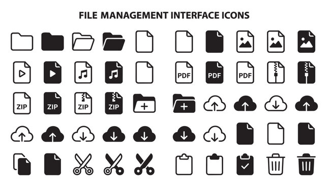 Set of black and white file management interface including folders, document pages, cloud storage symbols, zip archives, music files, thumbnails, scissors, clipboards, and trash cans