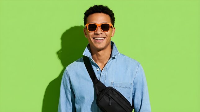 Young man wearing bright orange sunglasses and denim shirt smiling while standing against a vibrant solid lime green studio background