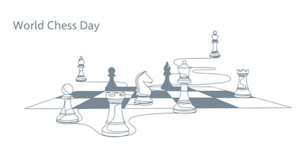 World Chess Day Celebration: Elegant Chess Pieces on Board, Continuous Line Art © Ndak