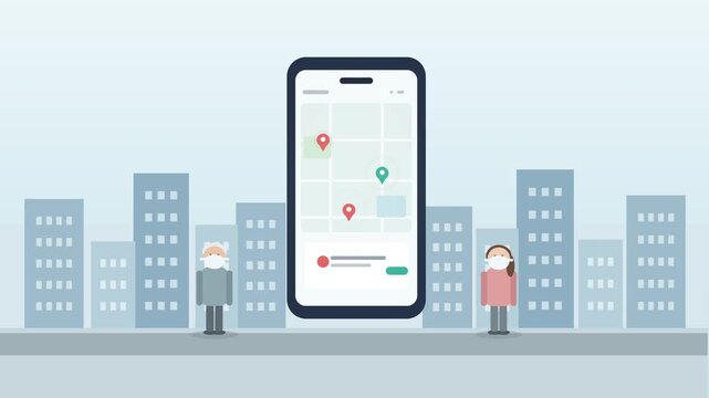 Smartphone health virus tracking app shows locations with people wearing face masks for coronavirus prevention in city