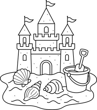 Sandcastle, white background, for coloring or decorating in the summer.
