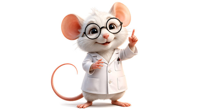 Cute cartoon white mouse wearing a scientist lab coat isolated on white