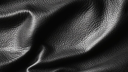 Naklejka premium Luxurious black leather with gentle folds and shadows. Rich deep black genuine leather textured material background close up with natural wrinkles and folds