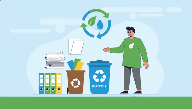 Eco friendly man demonstrating garbage sorting and document recycling with colorful bins and recycling logo.