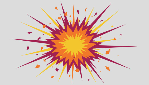 Dramatic comic style explosion with sharp orange and yellow fire bursts and flying debris on a gray background.
