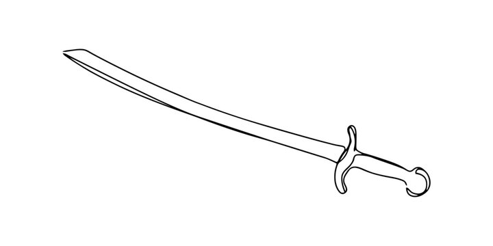 Simple line drawing of a sharp metal sword weapon isolated on a white background