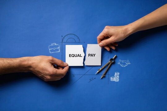Two hands hold equal pay cards on a blue background with drawings.