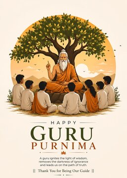 Happy Guru Purnima Illustration of Wise Guru Teaching Disciples Under a Banyan Tree