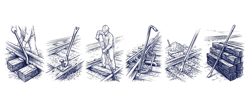 Railroad track maintenance tools sketch showing rail workers using crowbars and claw bars on wooden ties, repairing railway line, industrial vintage engraving style drawings on white background.