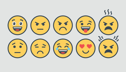 Naklejka premium Set of ten yellow cartoon emoticons showing various facial expressions and emotions on a light grey background.
