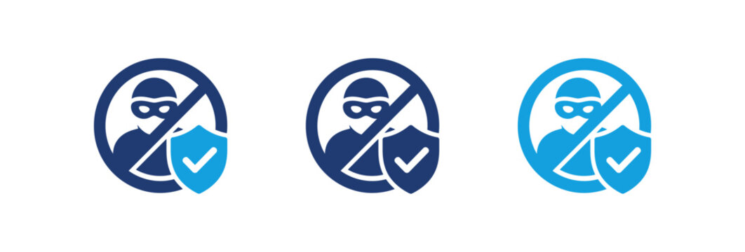 Cyber security anti theft icons featuring masked hacker and shield protection symbols.