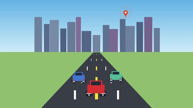 Cars driving on highway towards a city skyline landscape, panoramic horizon view, vector cartoon illustration