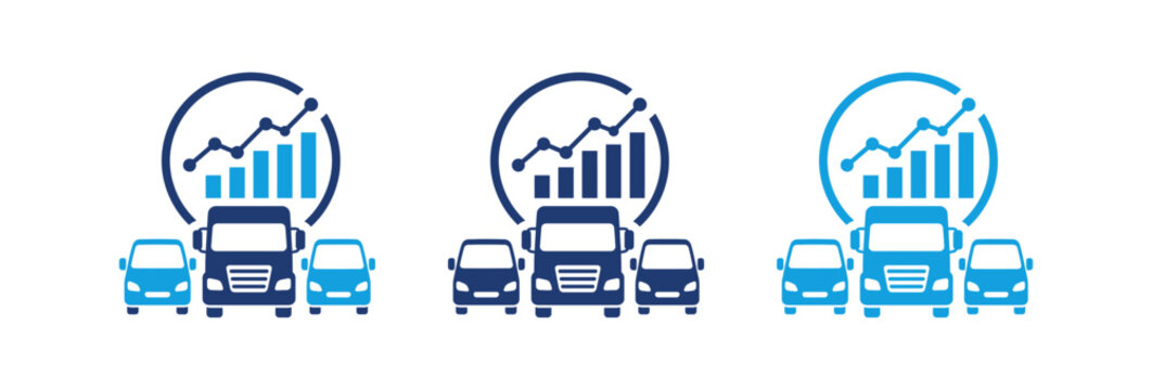 Logistics and fleet management icons showing vehicle tracking and data analytics for transport business.