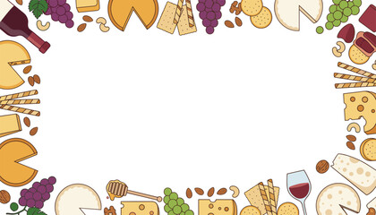 Fototapeta premium Frame border design featuring delicious cheese platter elements like grapes, nuts, wine, crackers, and honey.