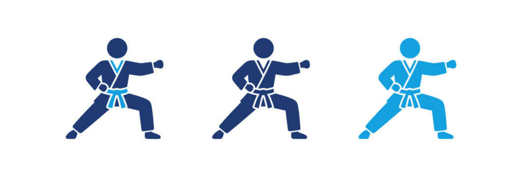 Martial arts karate fighter icons in blue silhouette style for sports design.