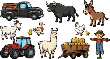 Farm vector illustration icon set featuring truck tractor bull donkey goat llama duck chicken scarecrow and a hay wagon isolated on white background  © MstMonjila