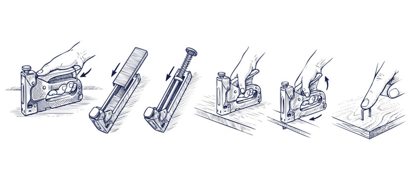 Staple gun manual instruction diagram showing step by step how to load and use upholstery tacker tool, vintage line art sketch of woodworking and handcraft hardware utility equipment on white backgrou