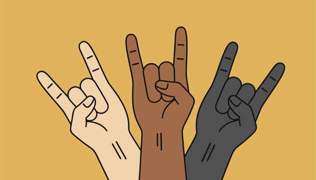 Hand gesture illustration featuring three hands of diverse skin tones raising index and pinky fingers in rock sign.