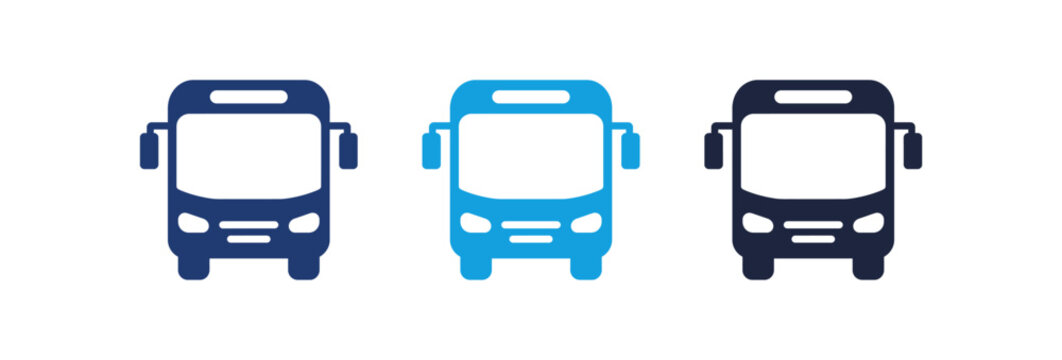 Set of three bus front view icons in different shades of blue for transportation design.