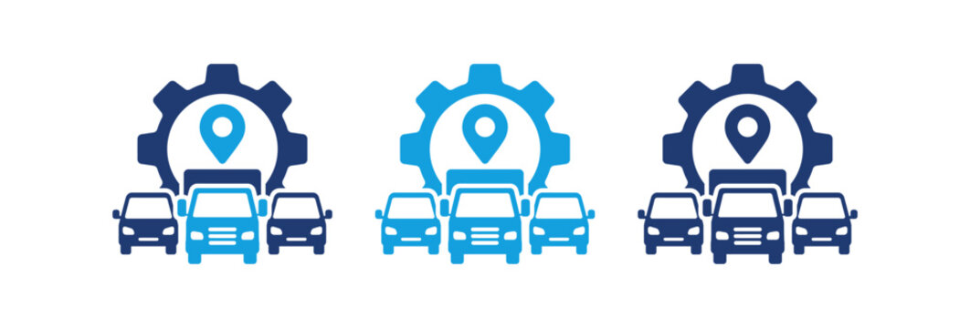 Logistics and fleet management icons featuring trucks cars gear and location pin symbols.