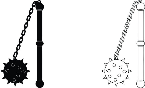 Mace Spiked Flail Weapon with Chain Handle in Solid and Outline Flat Vector Styles on White Background