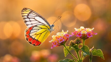 Fototapeta premium A delicate stem of multi-colored lantana blossoms dominates the lower right frame, serving as a natural stage for the Common Jezebel butterfly.