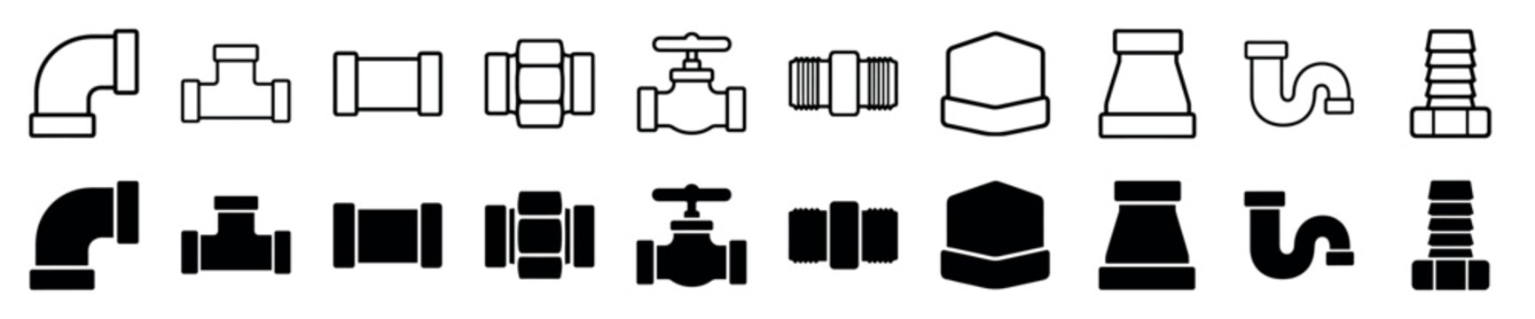 Collection of black plumbing pipe icons in line art and solid glyph styles, showing various fittings like valves, elbows, connectors, and traps for water systems