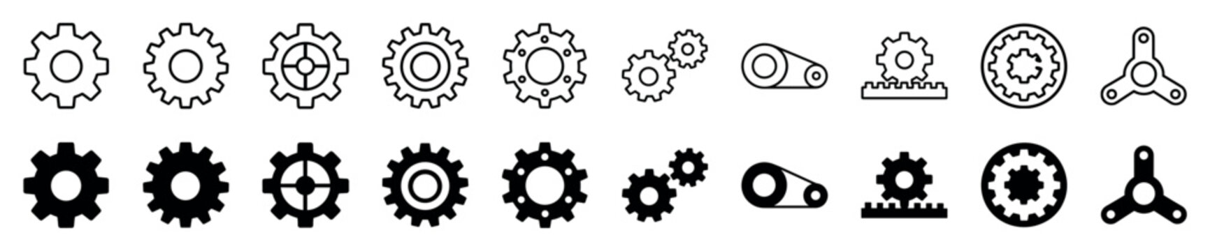 Large set of black gear and cogwheel icons in solid silhouette and thin line art styles, depicting various mechanical parts like belt drives and rack and pinion systems
