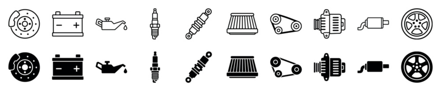 Car parts and automotive service icon set featuring line and solid glyph styles for brake, battery, oil, spark plug, suspension, filter, belt, alternator, and exhaust