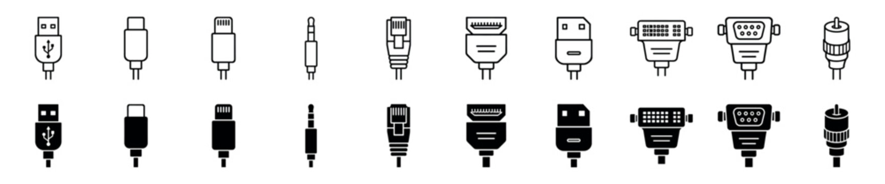 Collection of various cable connector icons including USB, HDMI, VGA, and Ethernet plugs shown in both outline and solid black glyph styles