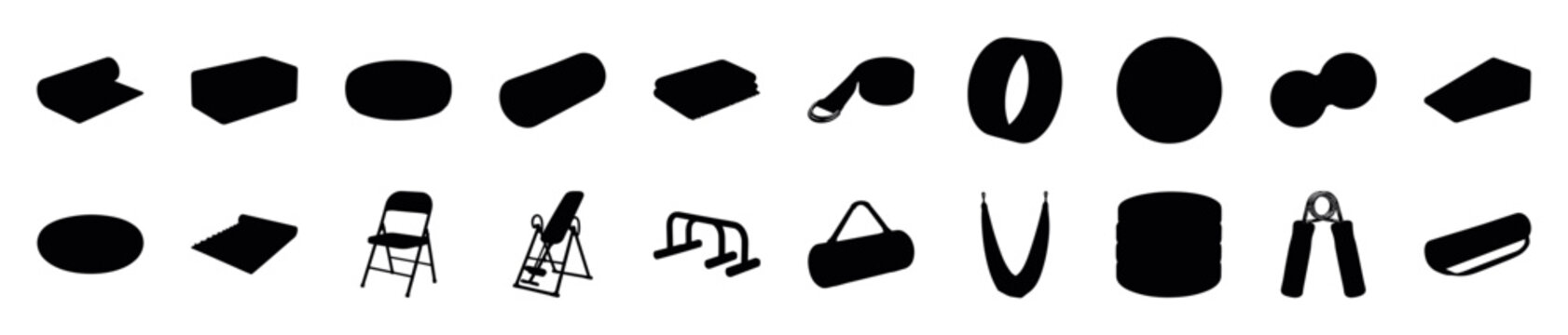 Large collection of black silhouette icons of fitness, yoga, and physical therapy equipment including mats, rollers, balls, and an inversion table for home workouts
