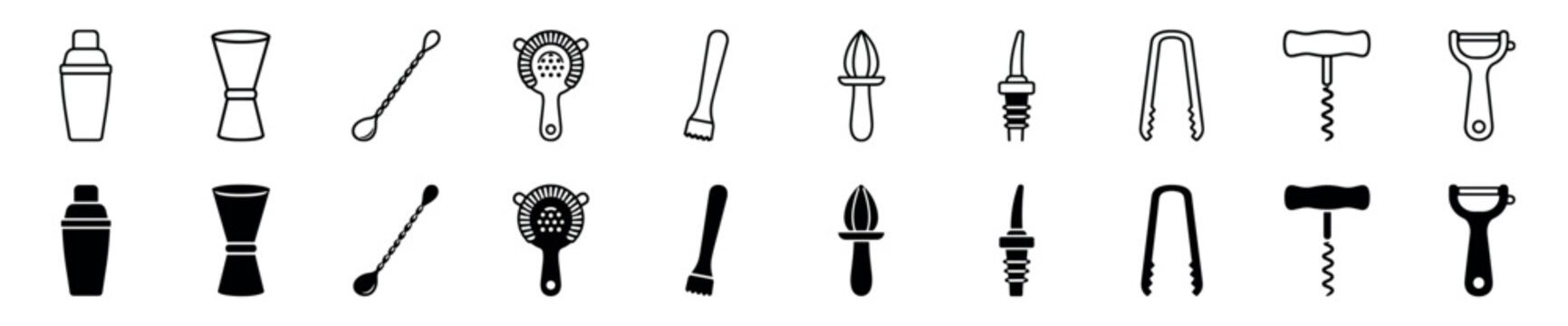 Bartender tool icon set with a shaker, jigger, spoon, strainer, and muddler, presented in a minimalist black outline and solid silhouette vector style for mixology