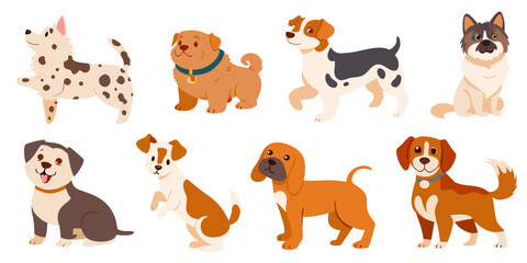 Fototapeta premium cartoon dog breeds collection in flat vector style dogs illustration design canine variety puppies art animal icons pet whimsical elements graphic