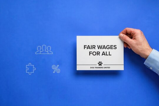 A hand holds a card with fair wages message on blue background with icons