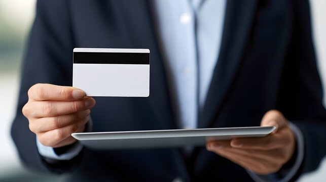 Professional business person holding a blank white credit card and a digital tablet for secure online mobile financial payment processing