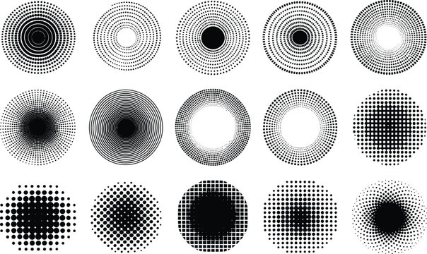 Abstract circular radial dot patterns geometric design monochrome graphic elements