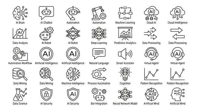 Collection of Artificial Intelligence and Automation Icons in Flat Design Style