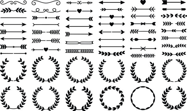 Ornate dividers arrows hearts leaves and laurel wreaths decorative accents set