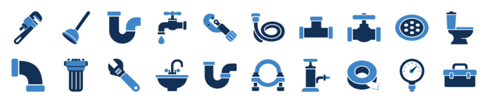 Blue two-tone plumbing and sanitation icon set with various tools and equipment like pipes, faucets, wrenches, and a toilet for repair and installation services