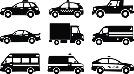 Transportation vehicle icon set featuring police cars taxi pickup truck and van silhouettes © MstRina