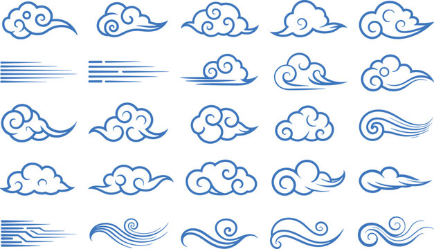 Set of chinese clouds and wind swirls, asian style isolated vector illustration elements