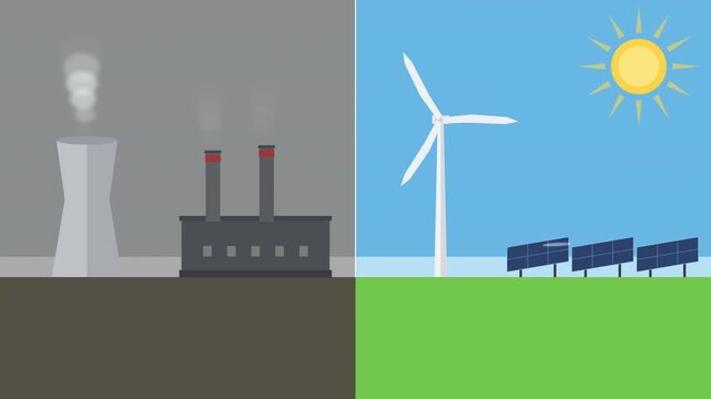 Clean energy versus polluting electricity generation, wind turbines and solar panels contrasted with coal power plants, environmental contrast