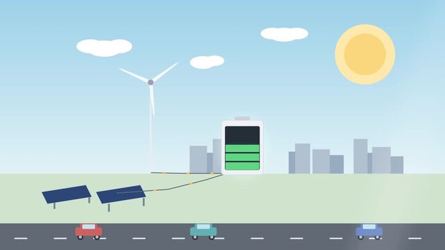 Renewable energy concept animated vector graphic showing solar panels, wind turbine, battery charging station, cars driving on road